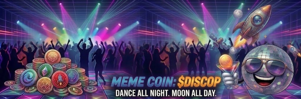 Crowd dancing under neon lights on the $DISCOP dancefloor